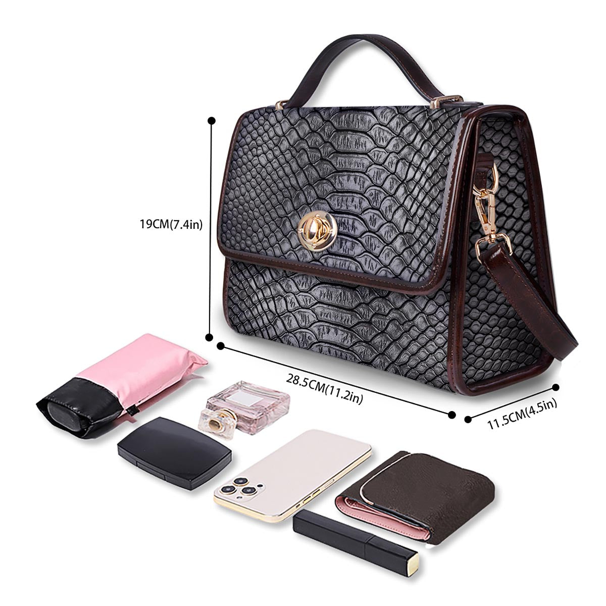 Snakeskin Black And Tan Print Pattern Women's Satchel Bag - Image 4