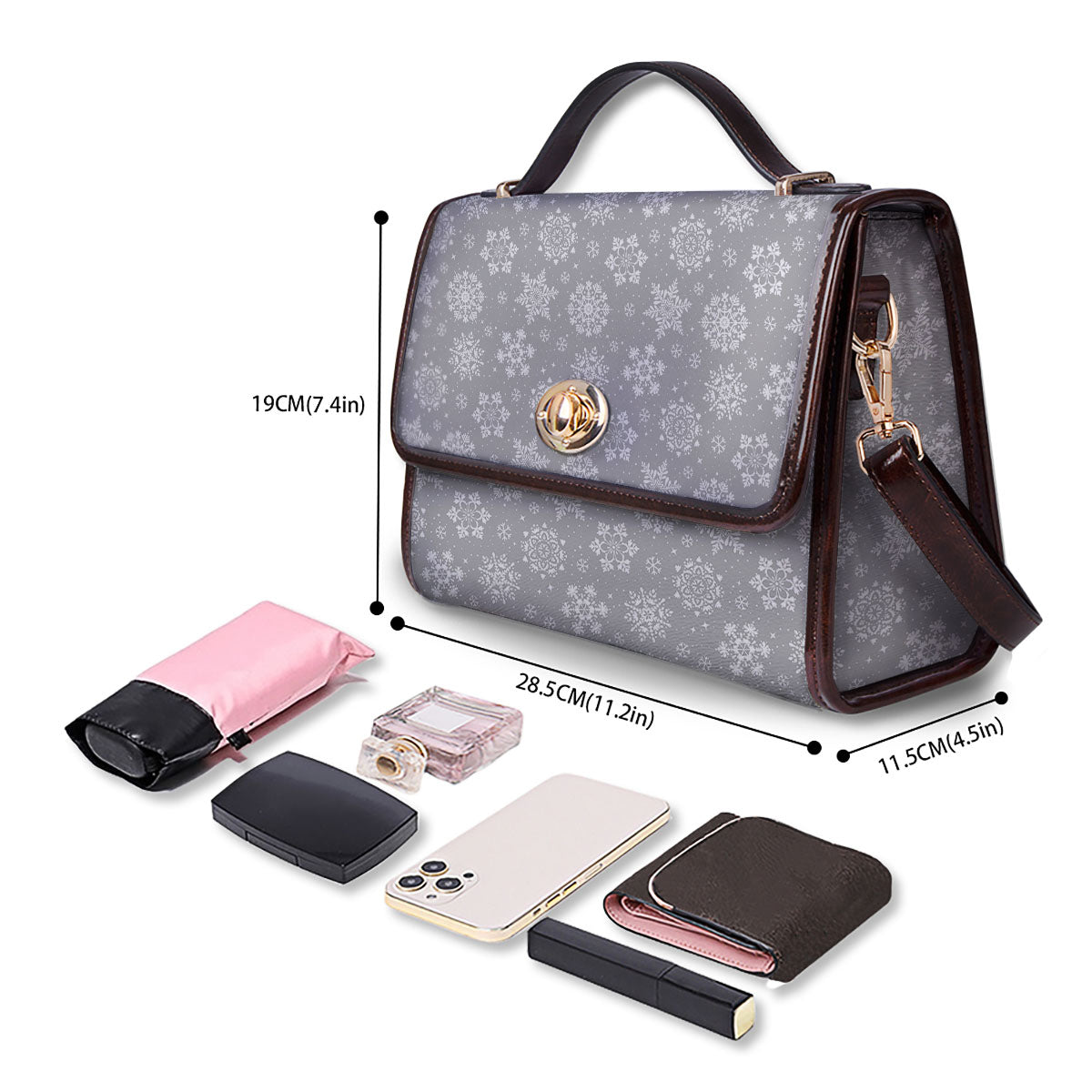 Snowflake Grey And White Print Pattern Women's Satchel Bag - Image 4