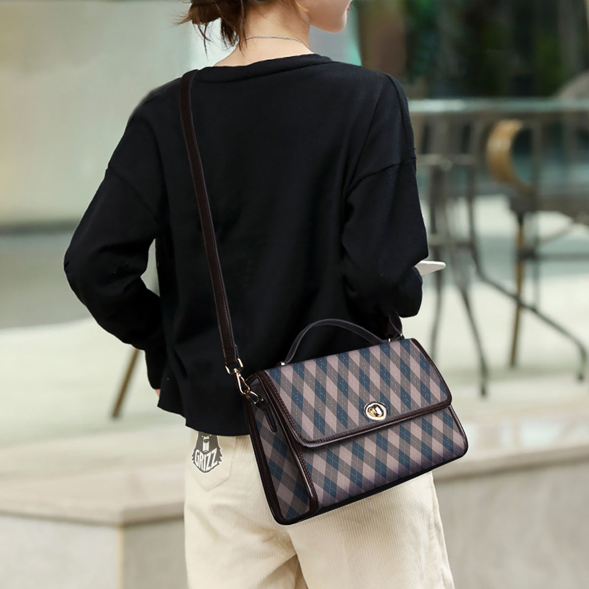 Blue Spruce And Beige Argyle Print Pattern Women's Satchel Bag - Image 3
