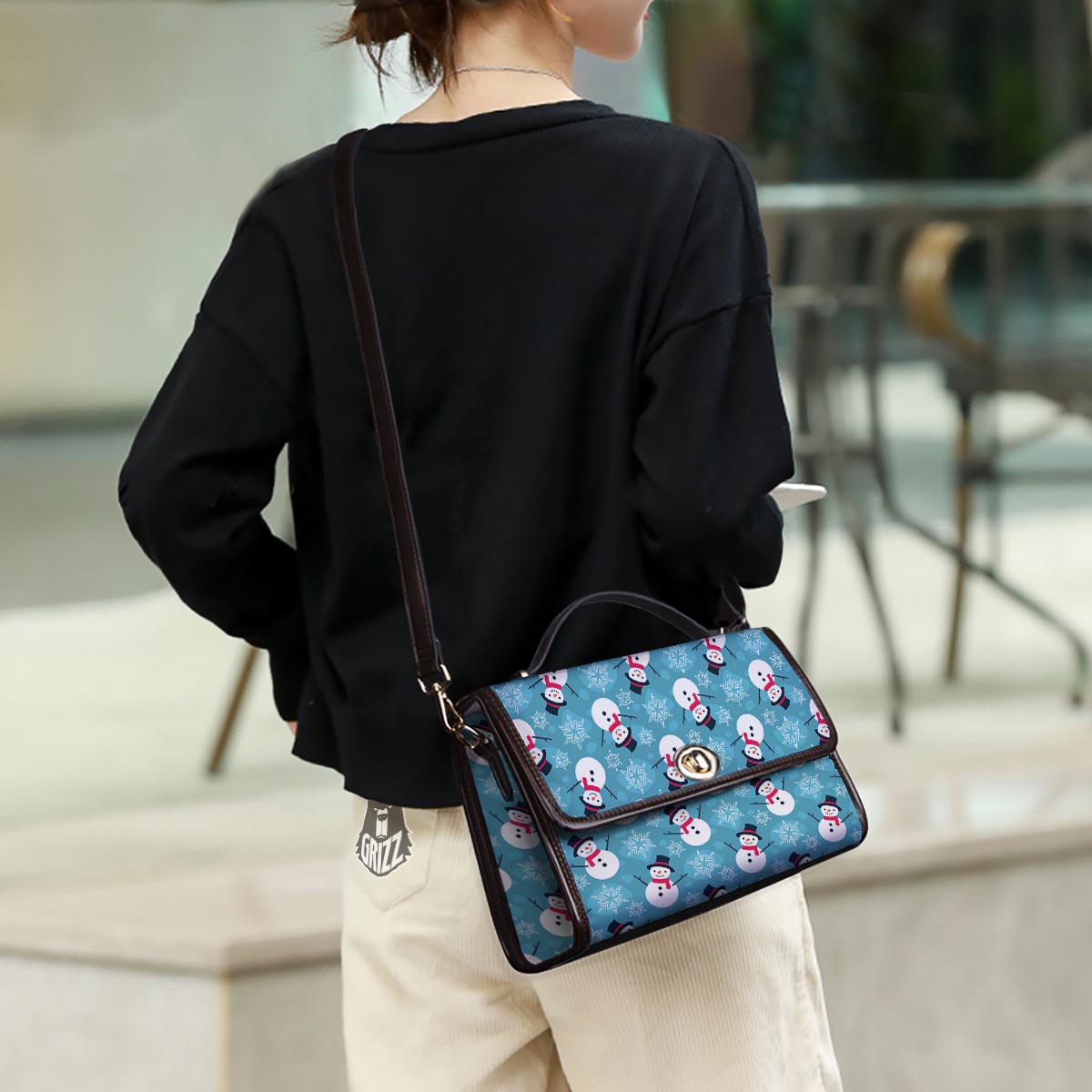 Snowman Teal Print Pattern Women's Satchel Bag - Image 3