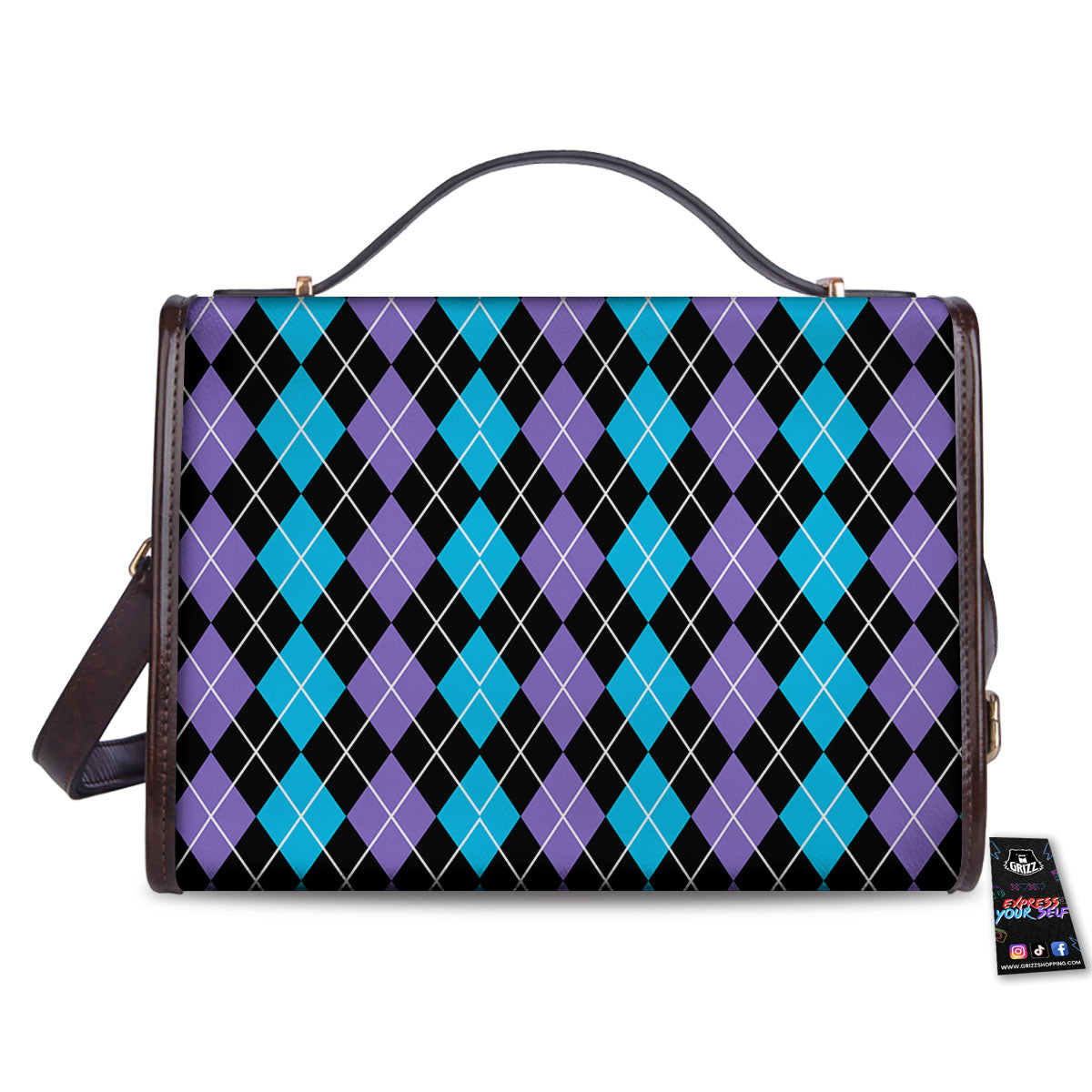 Black Purple And Blue Argyle Print Pattern Women's Satchel Bag - Image 2
