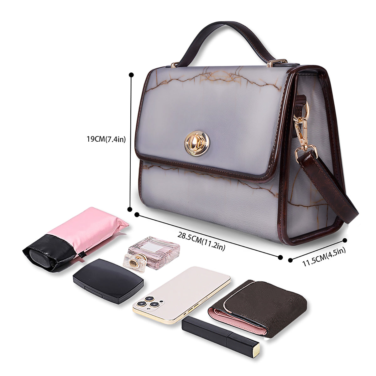 Smooth Marble White Brown Print Pattern Women's Satchel Bag - Image 4