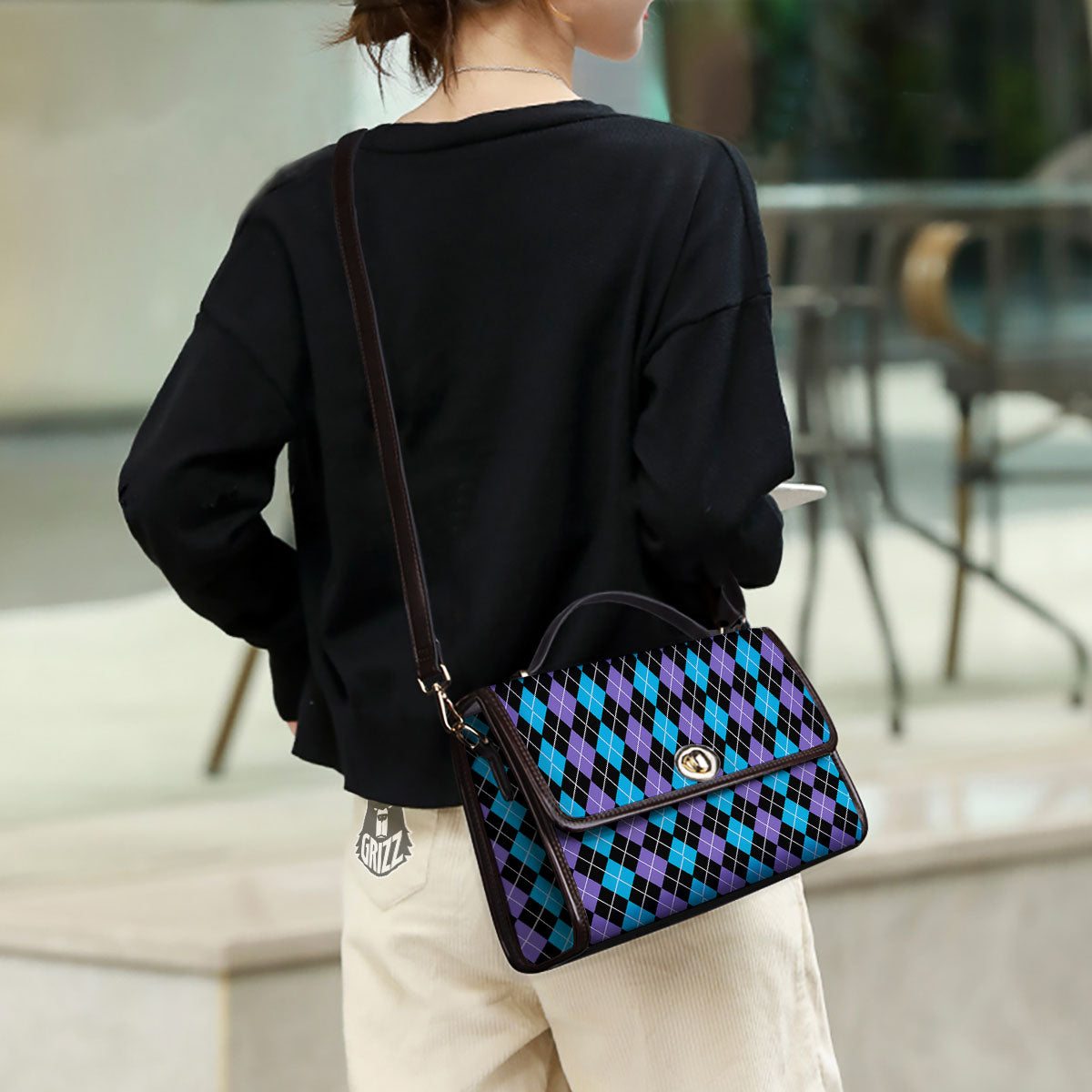 Black Purple And Blue Argyle Print Pattern Women's Satchel Bag - Image 3