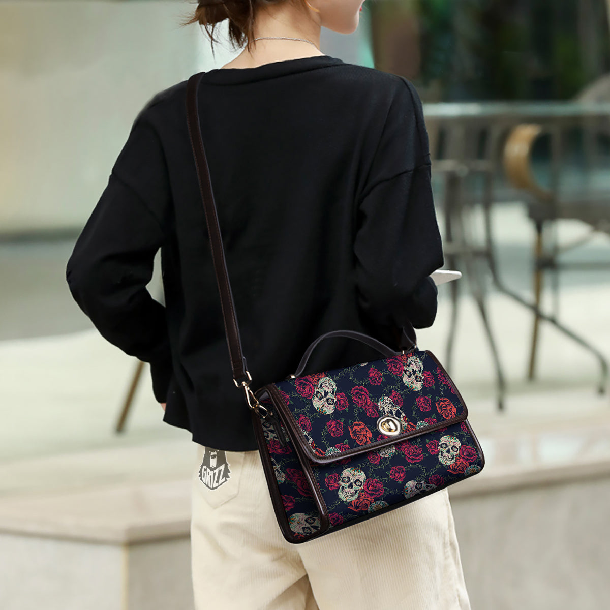 Skull Flowers Vintage Print Pattern Women's Satchel Bag - Image 3
