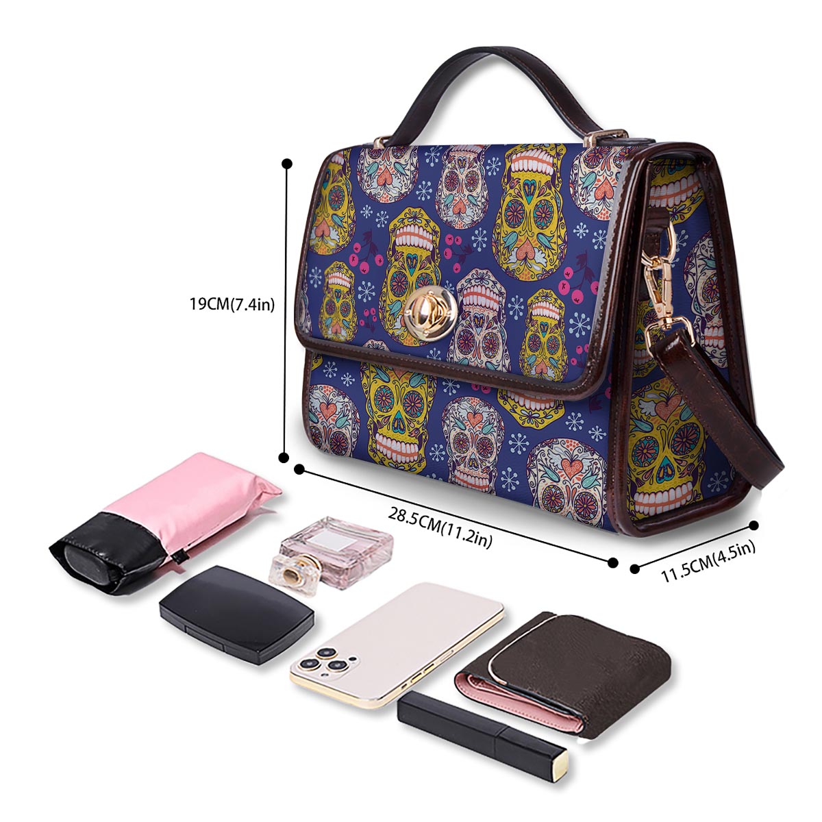 Skull Teal Sugar Print Pattern Women's Satchel Bag - Image 4