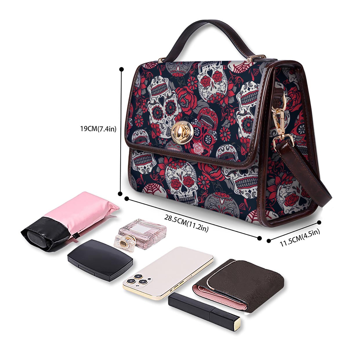 Skull Flower Red Sugar Print Pattern Women's Satchel Bag - Image 4