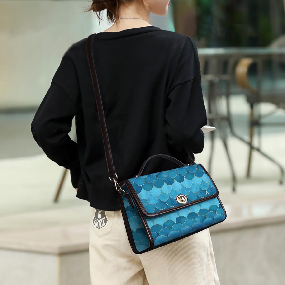 Scales Teal Mermaid Print Pattern Women's Satchel Bag - Image 3