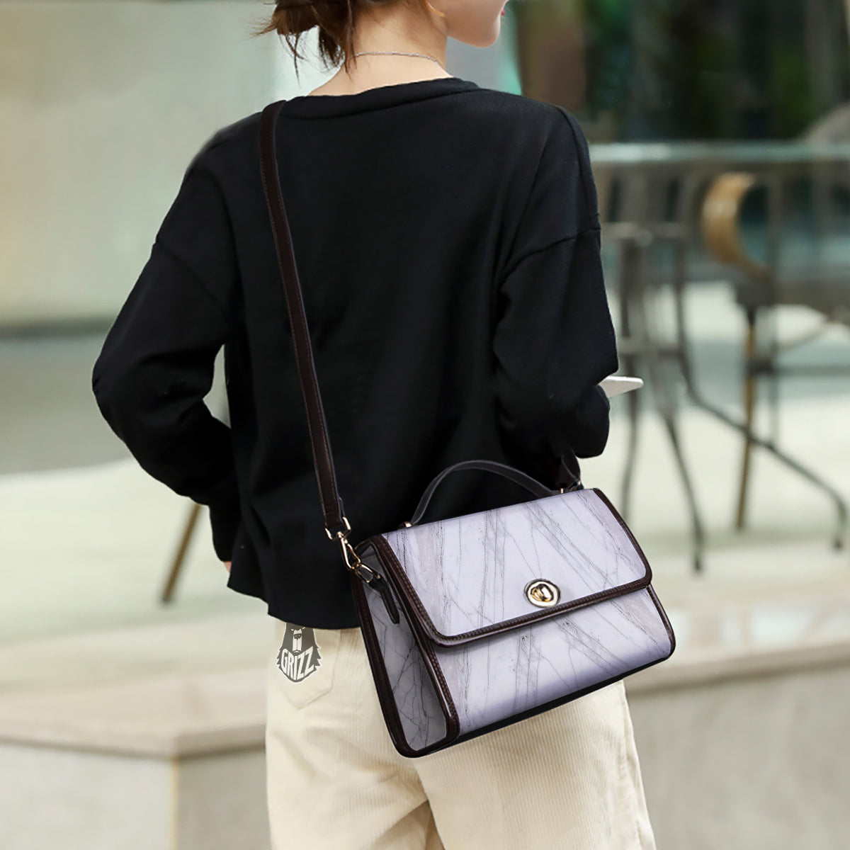Scratch Marble White Gray Print Pattern Women's Satchel Bag - Image 3