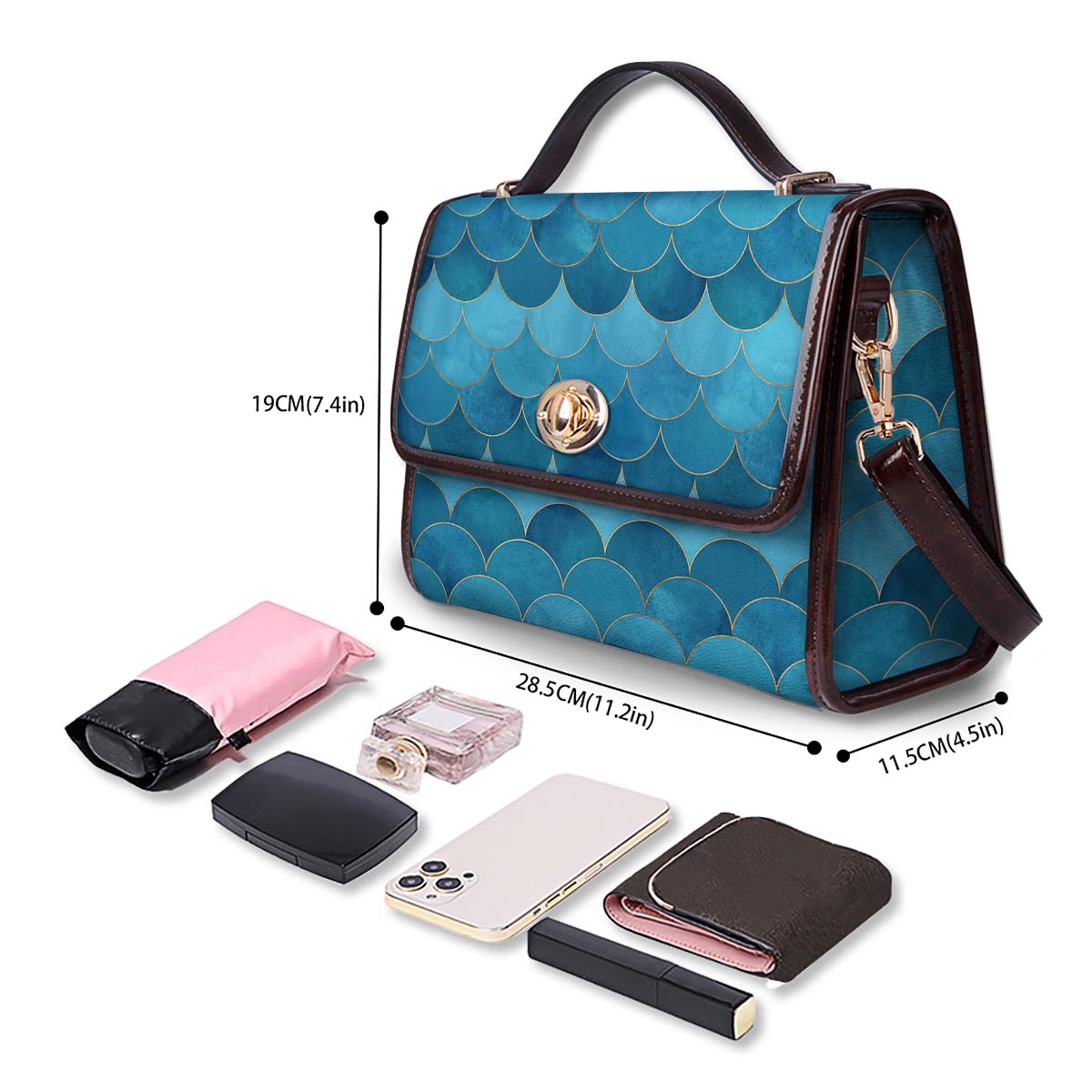 Scales Teal Mermaid Print Pattern Women's Satchel Bag - Image 4
