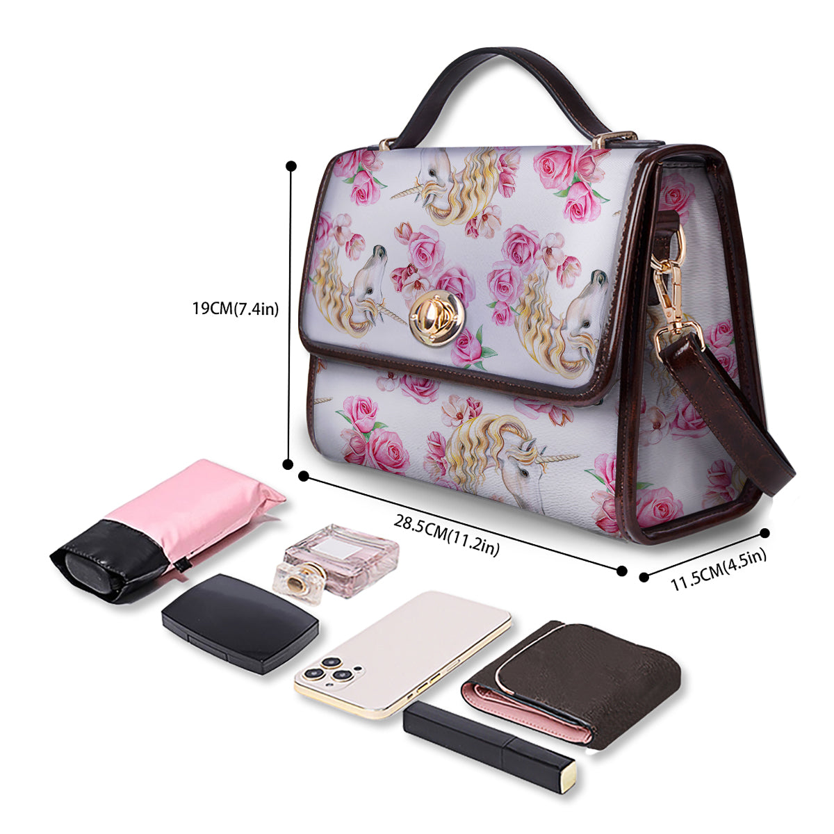 Rose Fairy White Unicorn Print Pattern Women's Satchel Bag - Image 4