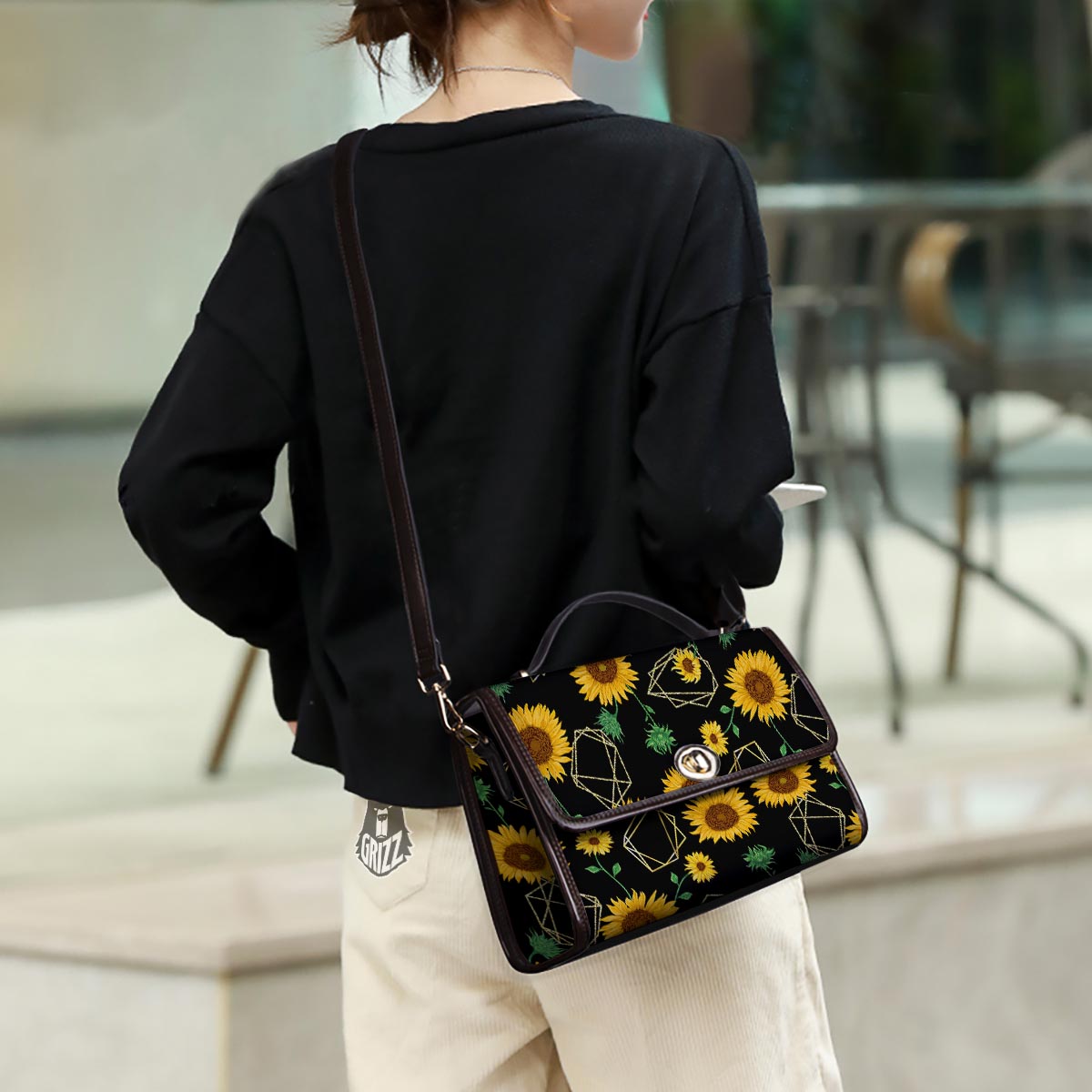 Polygonal Sunflower Print Pattern Women's Satchel Bag - Image 3