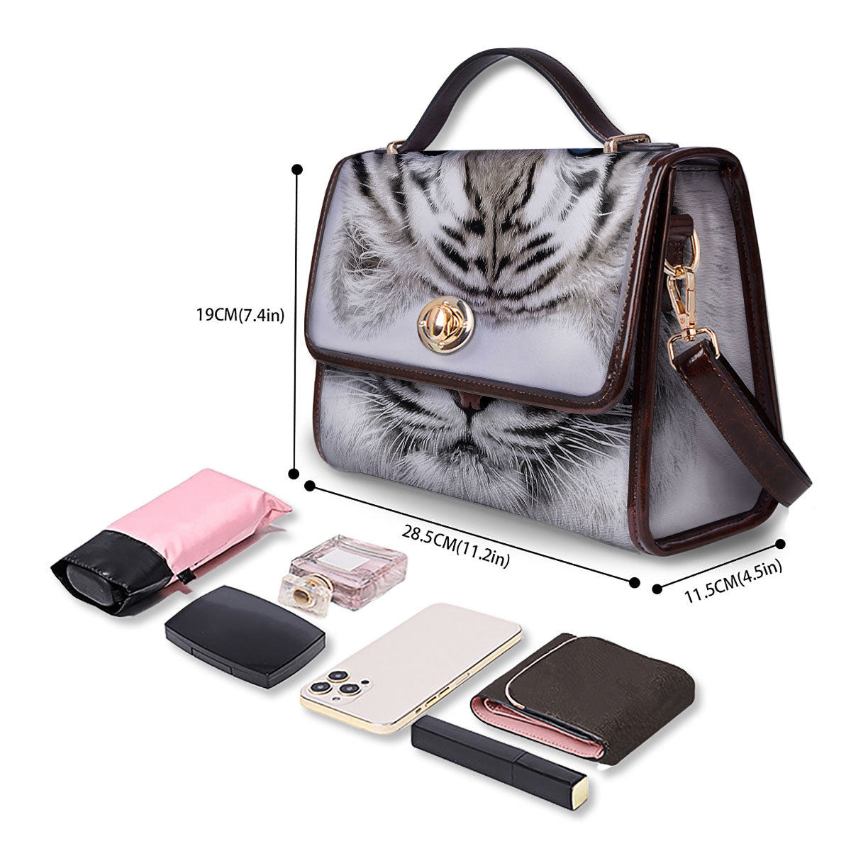 Portrait White Tiger Print Women's Satchel Bag - Image 4