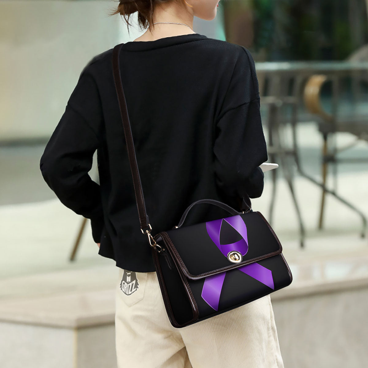 Awareness Ribbon Purple Cancer Print Women's Satchel Bag - Image 3