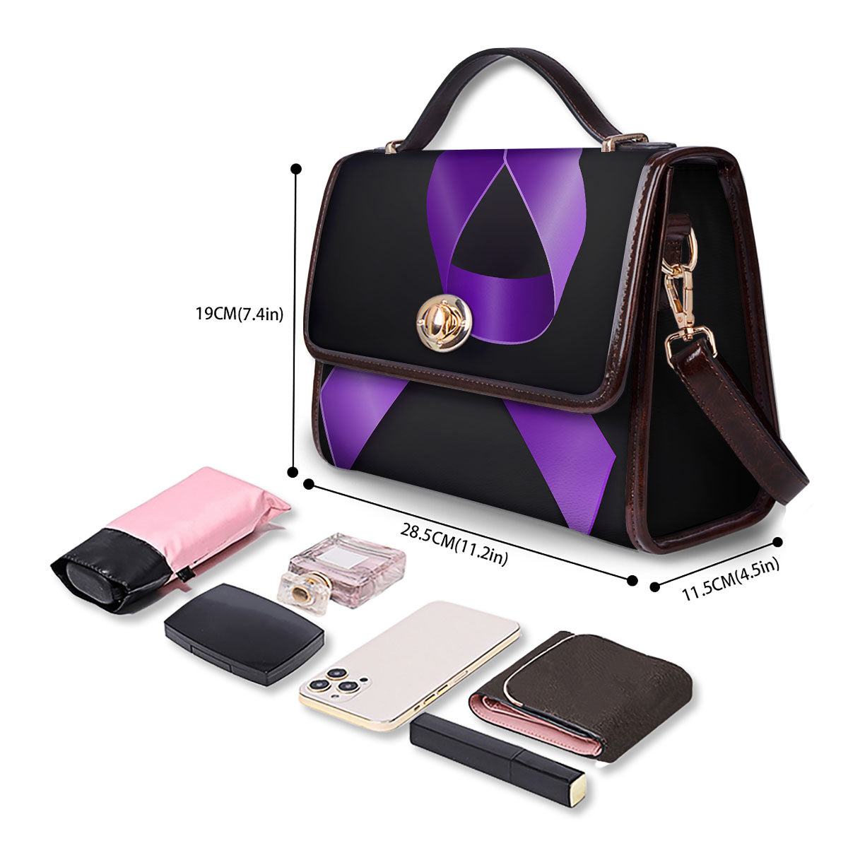 Awareness Ribbon Purple Cancer Print Women's Satchel Bag - Image 4