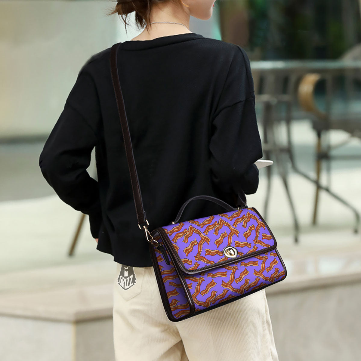 Bacon Purple Print Pattern Women's Satchel Bag - Image 3
