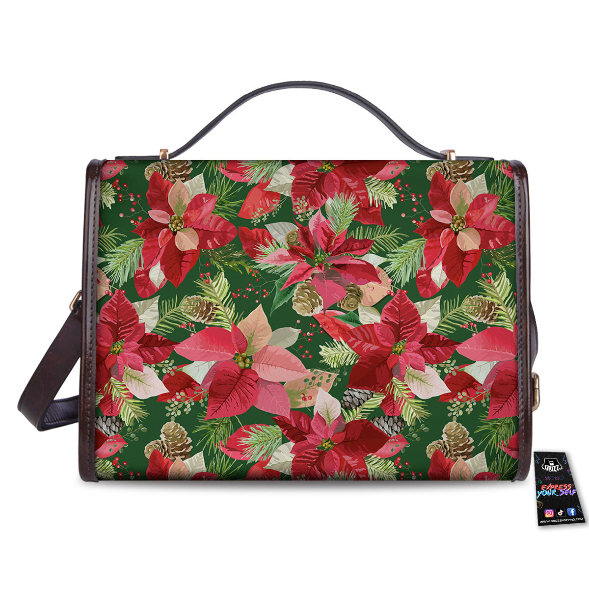 Poinsettia Christmas Vintage Print Pattern Women's Satchel Bag - Image 2