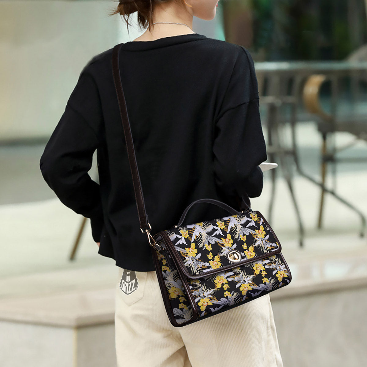 Plumeria Yellow And Black Print Pattern Women's Satchel Bag - Image 3