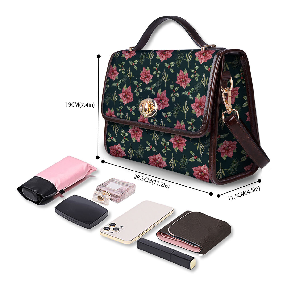 Poinsettia Christmas Watercolor Print Pattern Women's Satchel Bag - Image 4
