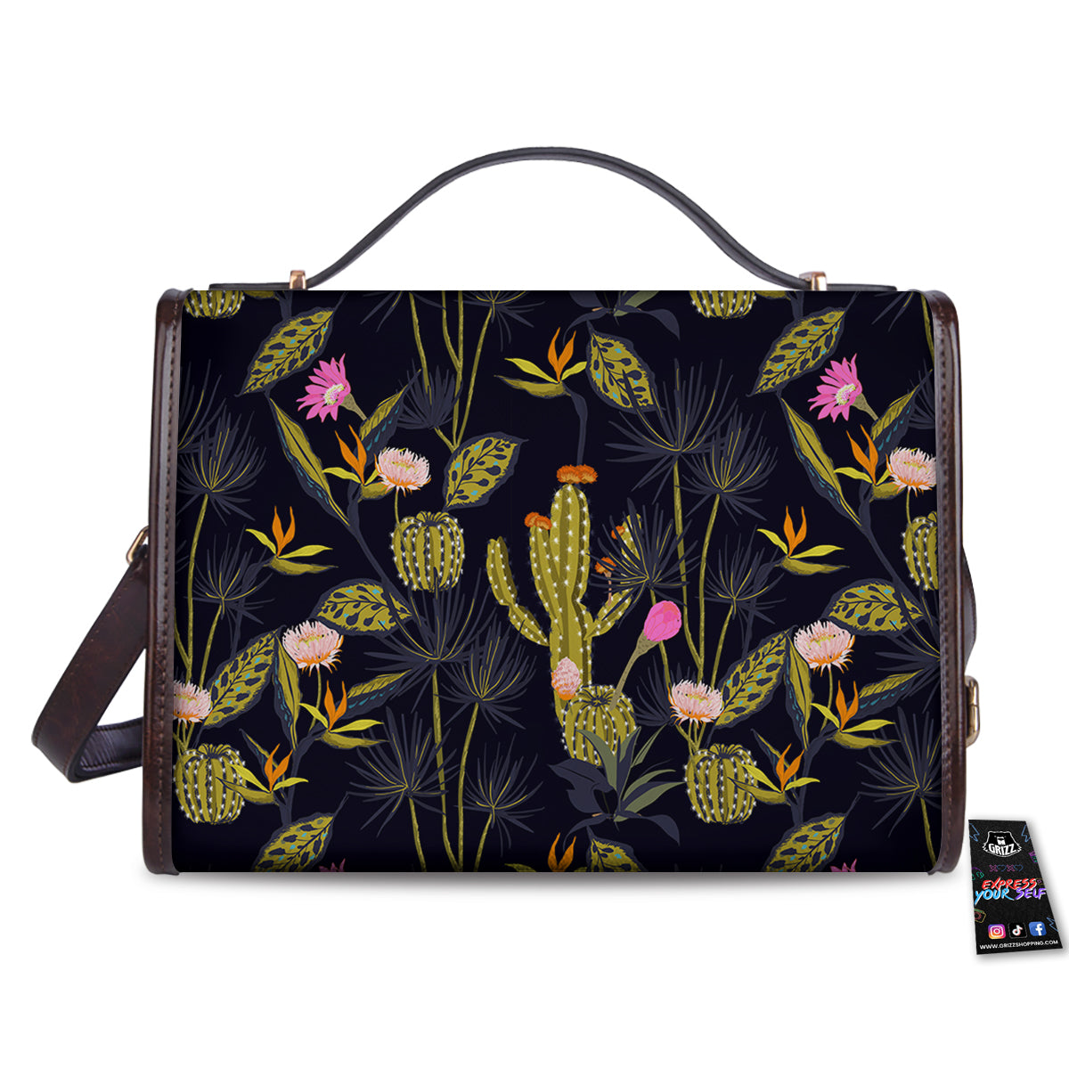 Plant Black Cactus Print Pattern Women's Satchel Bag - Image 2