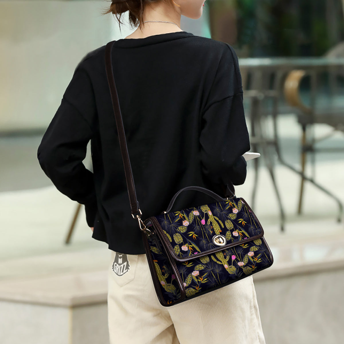 Plant Black Cactus Print Pattern Women's Satchel Bag - Image 3