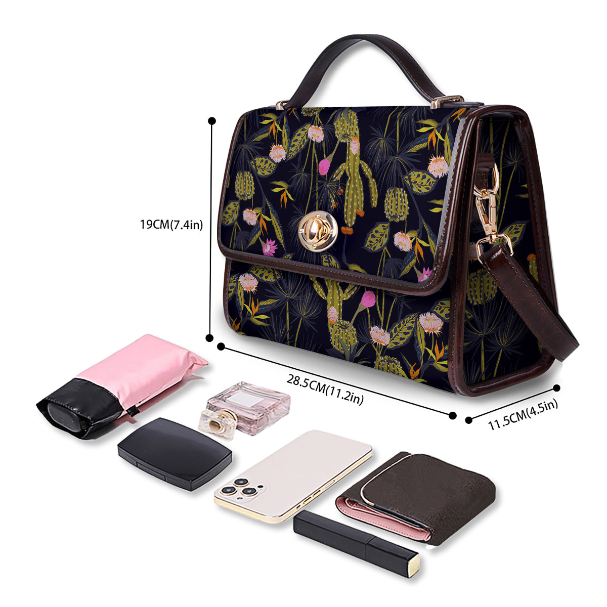 Plant Black Cactus Print Pattern Women's Satchel Bag - Image 4