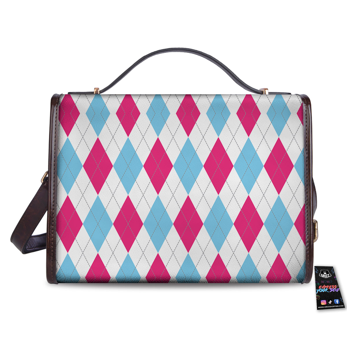 Pink White And Blue Argyle Print Pattern Women's Satchel Bag - Image 2
