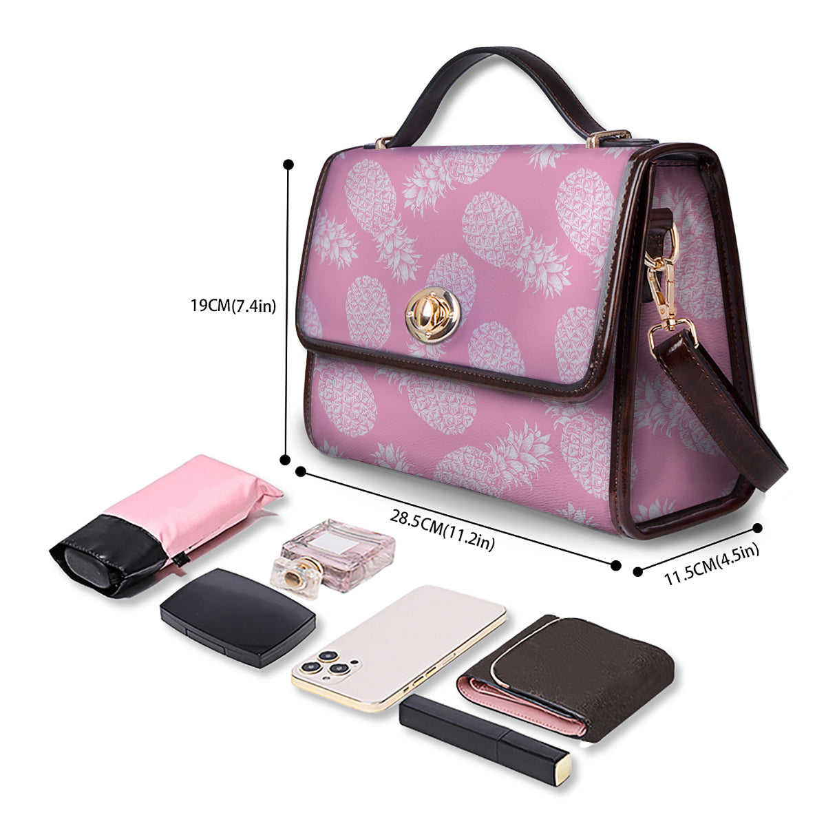 Pineapple White Summer Pink Print Pattern Women's Satchel Bag - Image 4