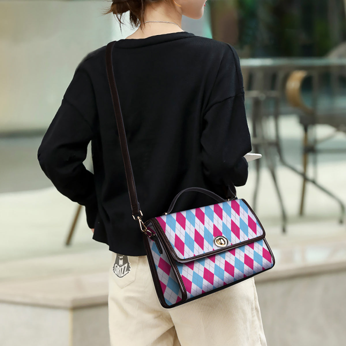 Pink White And Blue Argyle Print Pattern Women's Satchel Bag - Image 3