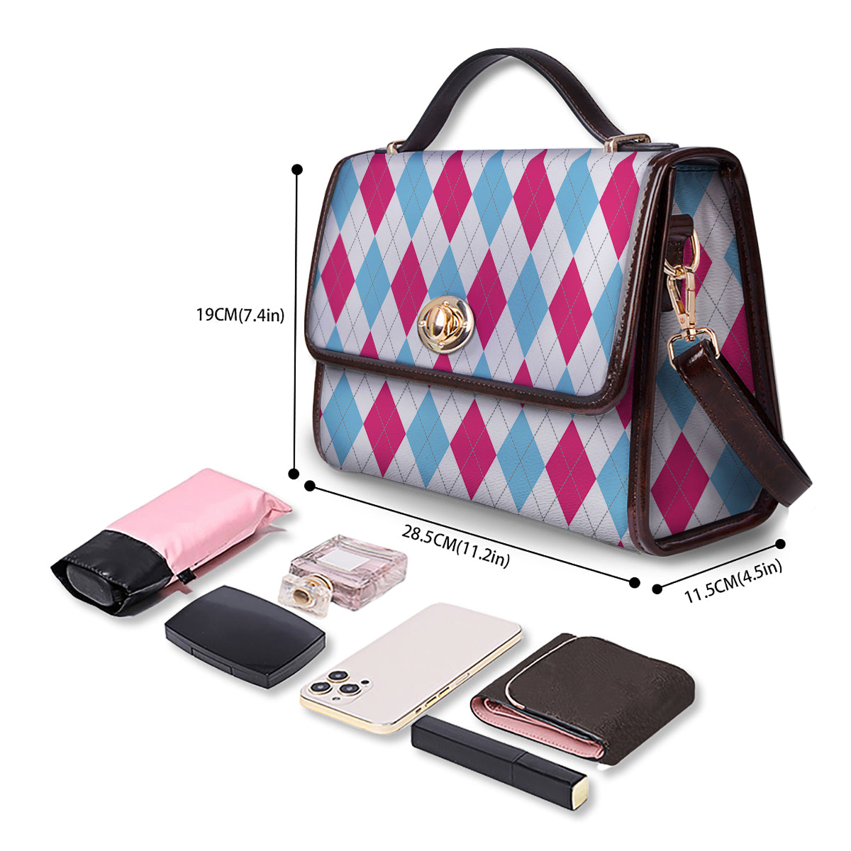 Pink White And Blue Argyle Print Pattern Women's Satchel Bag - Image 4