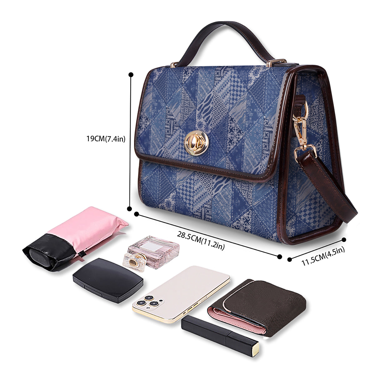 Patchwork Blue Denim Print Pattern Women's Satchel Bag - Image 4