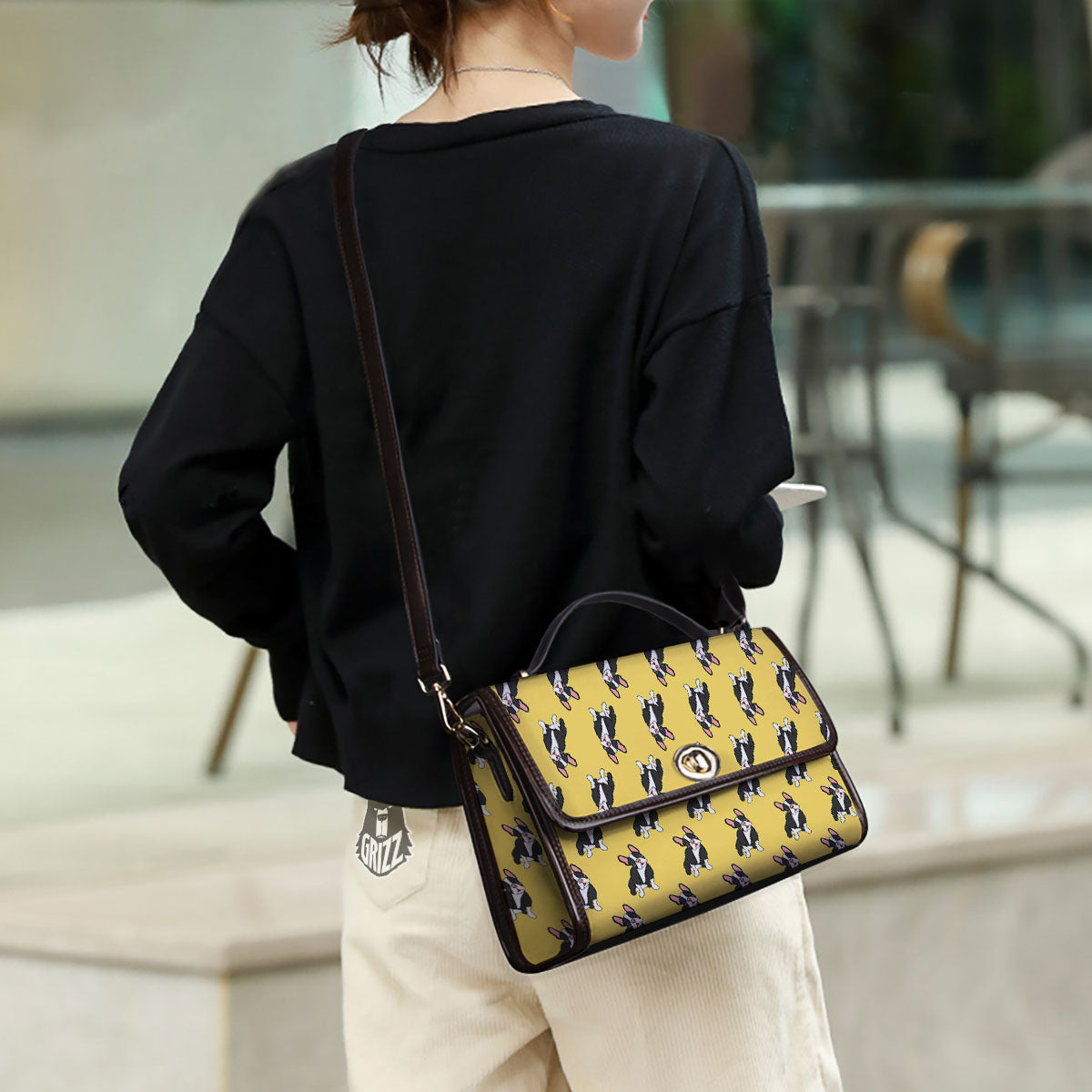 Terrier Boston Yellow Print Pattern Women's Satchel Bag - Image 3