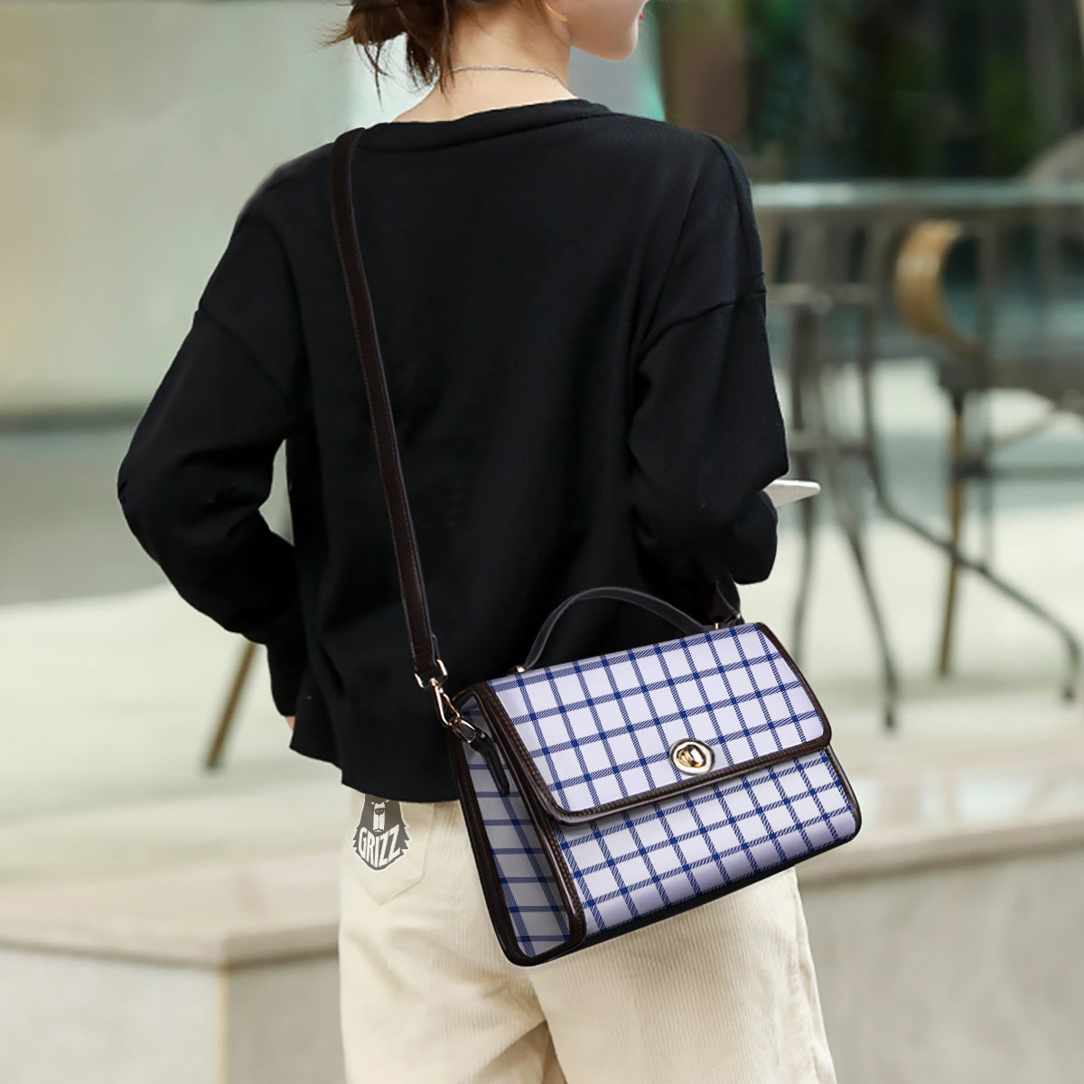 Tattersall Blue And White Print Pattern Women's Satchel Bag - Image 3