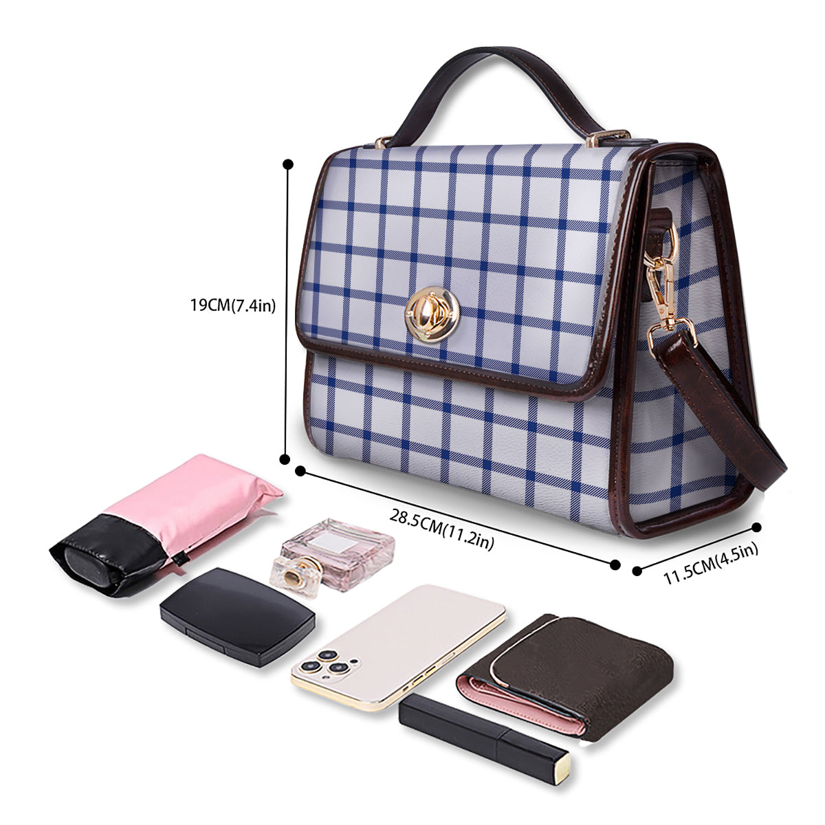 Tattersall Blue And White Print Pattern Women's Satchel Bag - Image 4