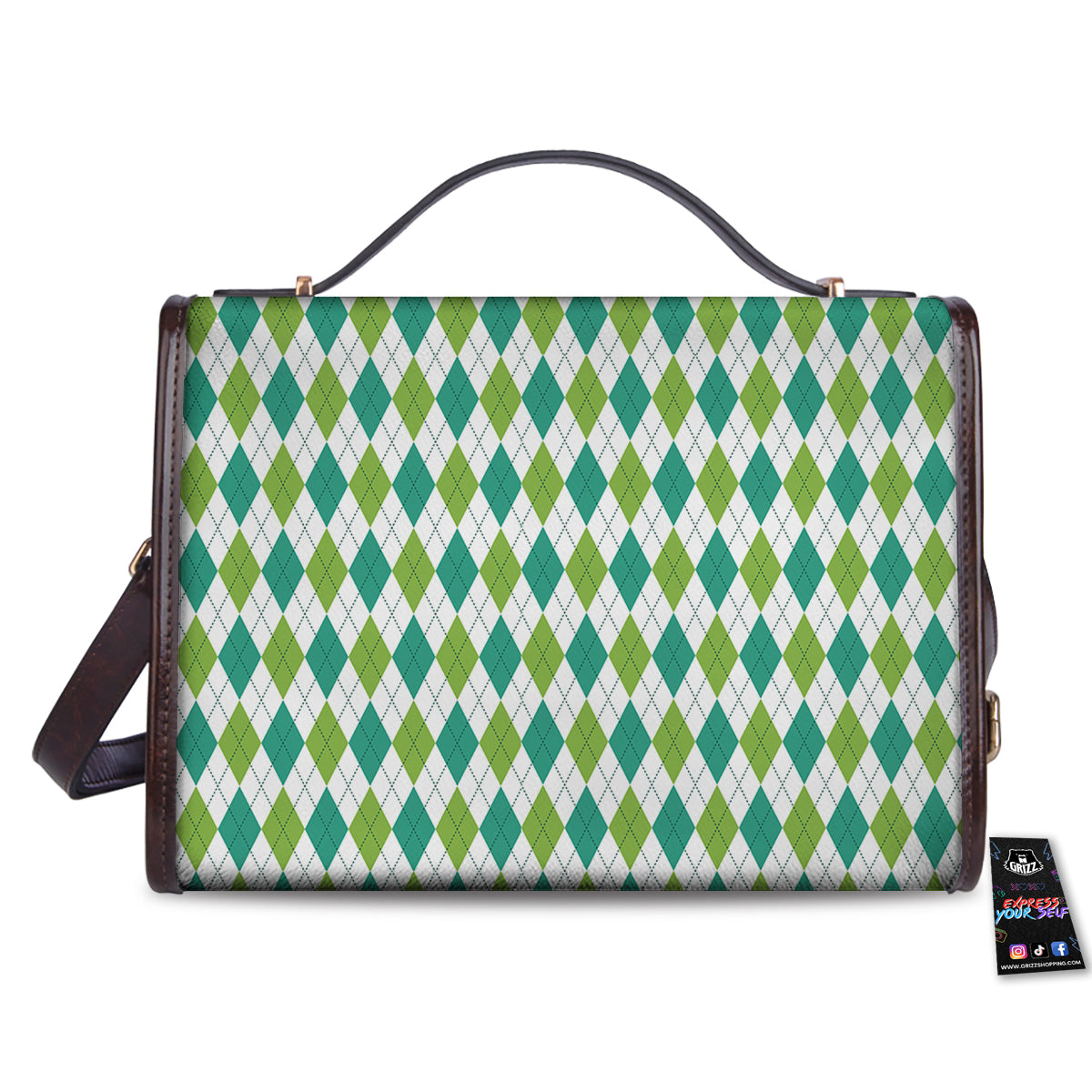 Navy White And Green Argyle Print Pattern Women's Satchel Bag - Image 2
