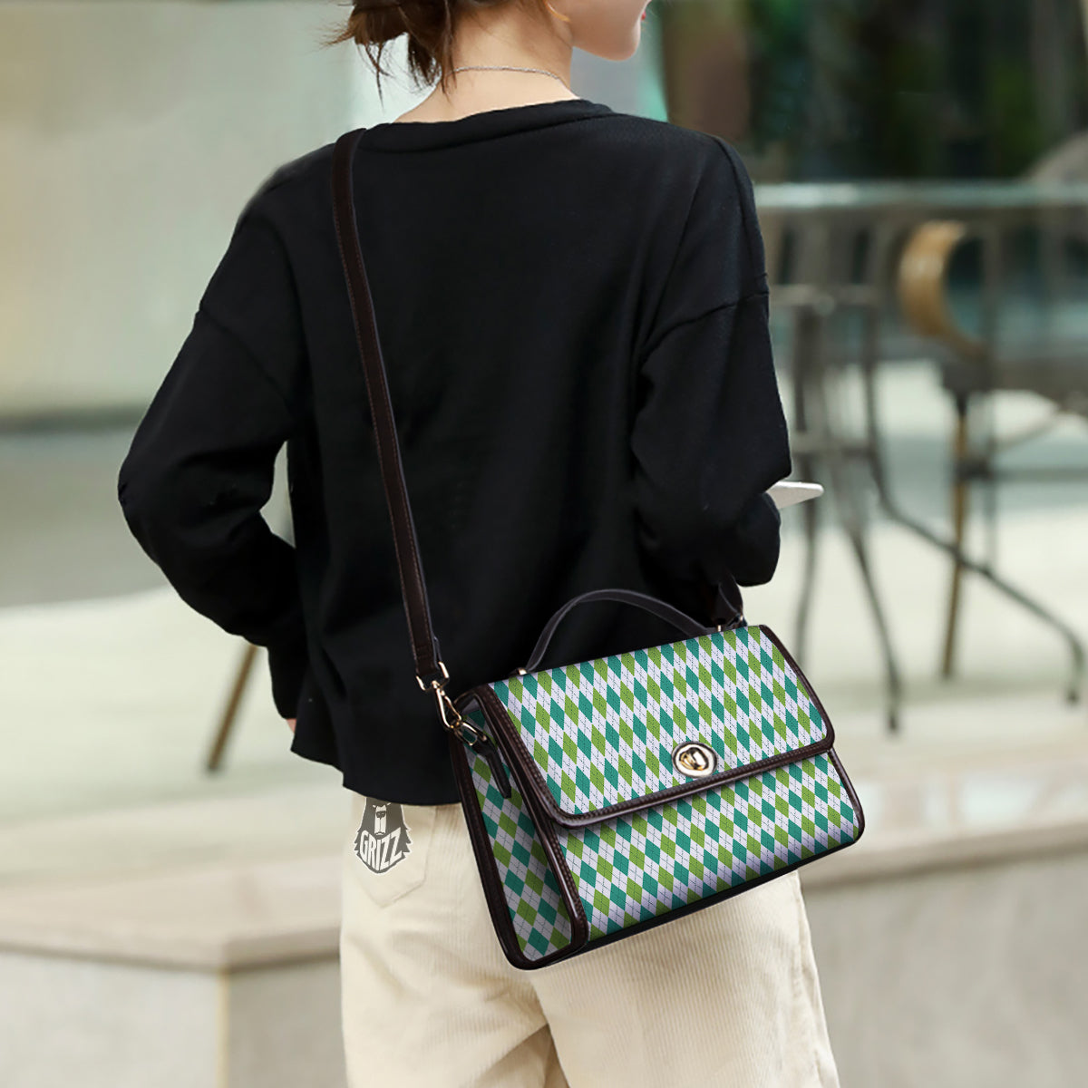 Navy White And Green Argyle Print Pattern Women's Satchel Bag - Image 3