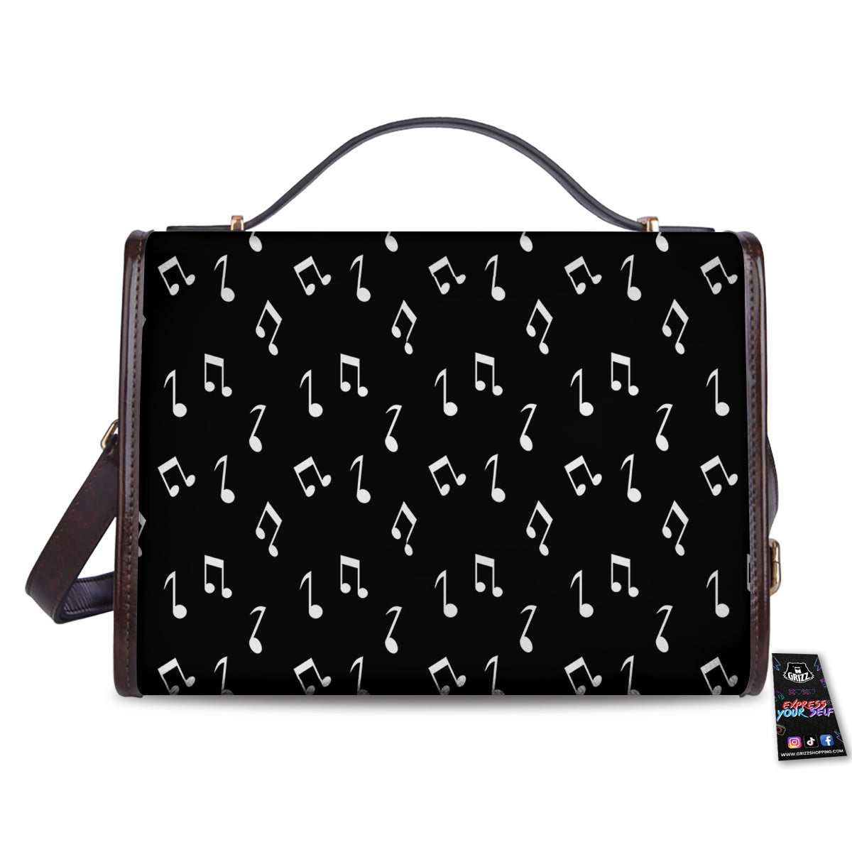 Music Note Black And White Print Pattern Women's Satchel Bag - Image 2