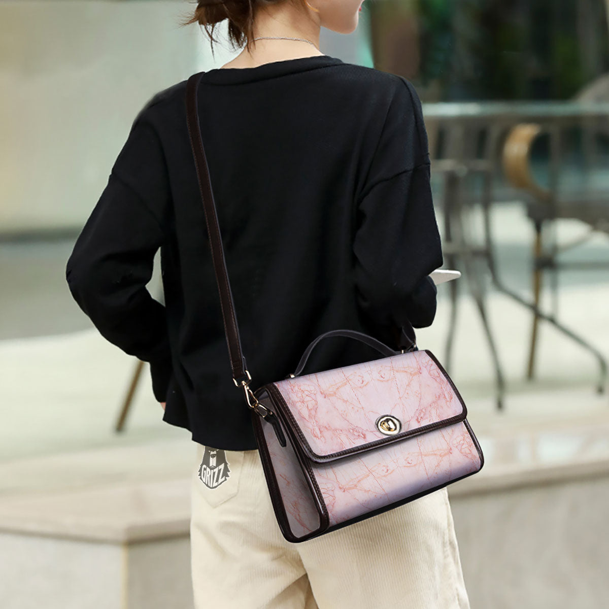 Marble White Pink Print Pattern Women's Satchel Bag - Image 3