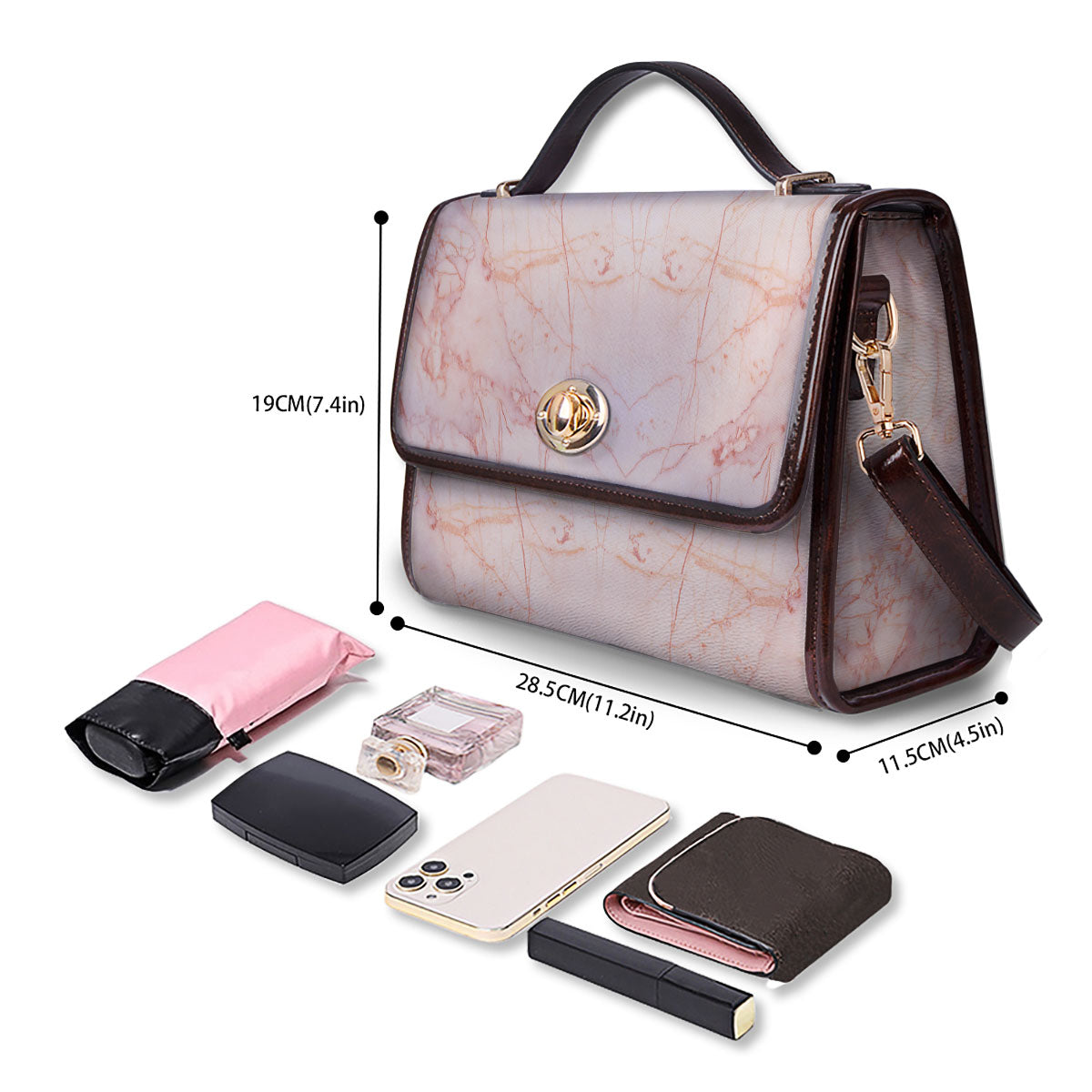 Marble White Pink Print Pattern Women's Satchel Bag - Image 4
