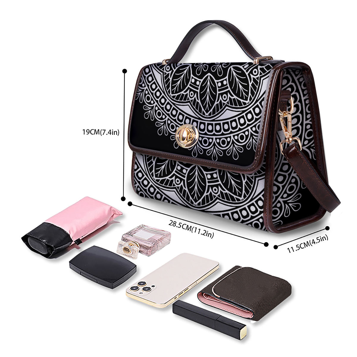 Mandala White And Black Print Women's Satchel Bag - Image 4
