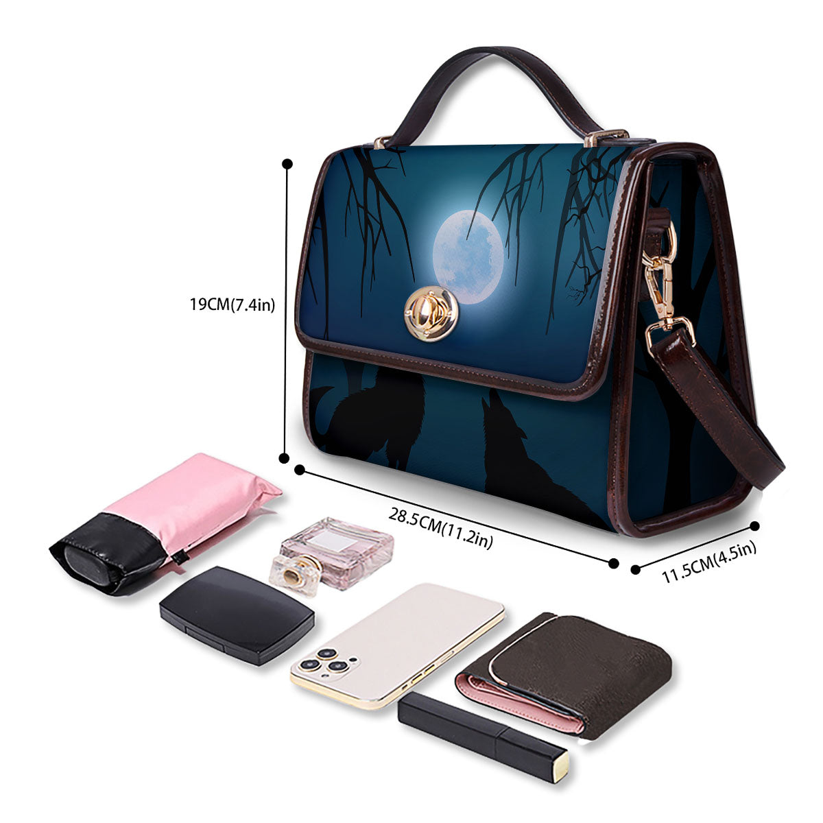 Howling Wolf At The Full Moon Print Women's Satchel Bag - Image 4