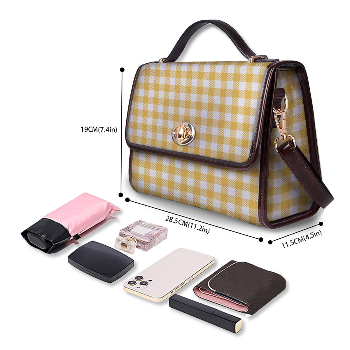Gingham Yellow And White Print Pattern Women's Satchel Bag - Image 4