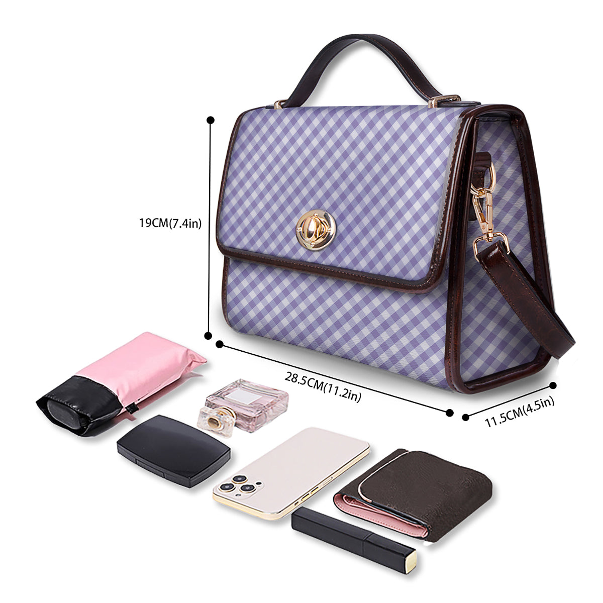 Gingham White And Violet Print Pattern Women's Satchel Bag - Image 4