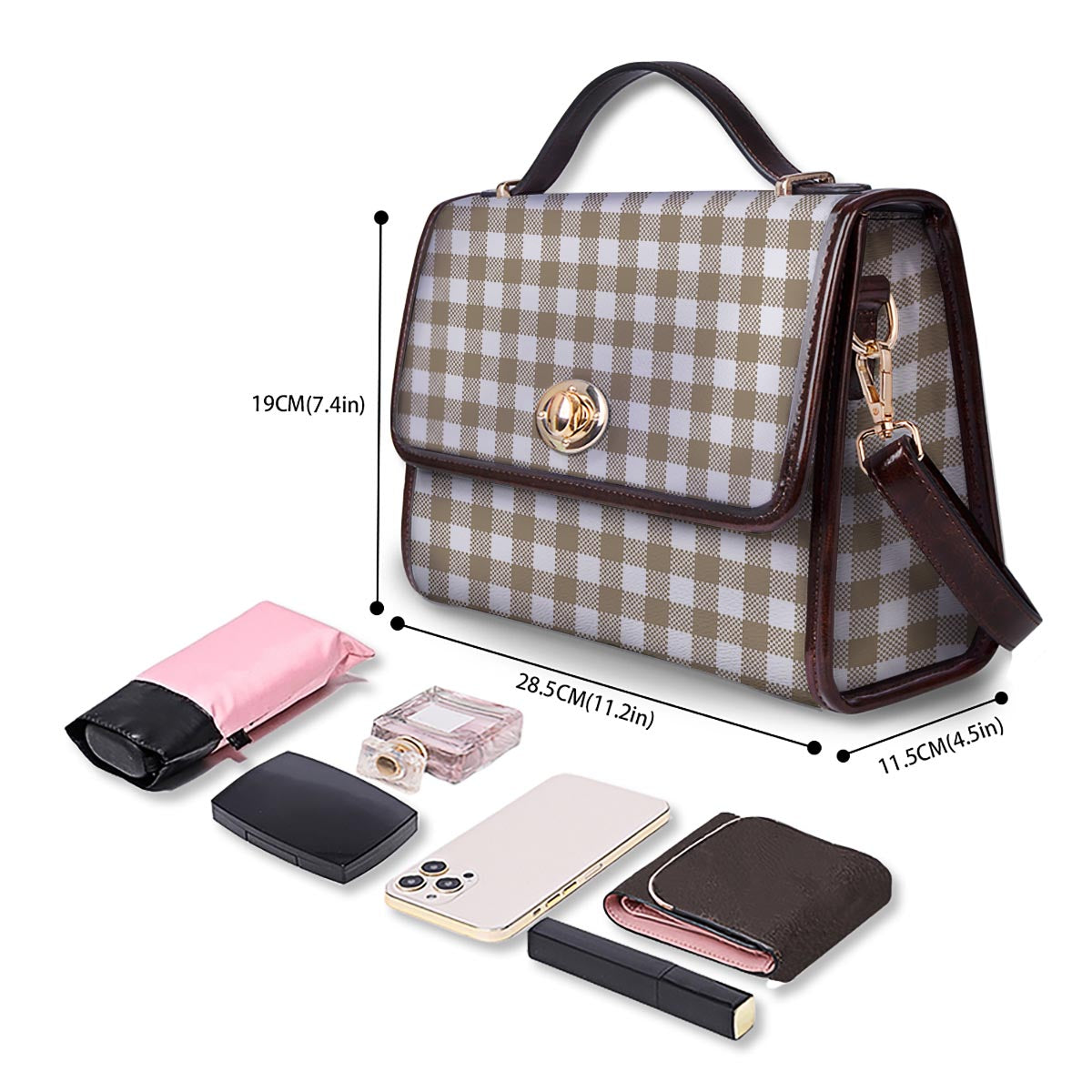 Gingham White And Tan Print Pattern Women's Satchel Bag - Image 4
