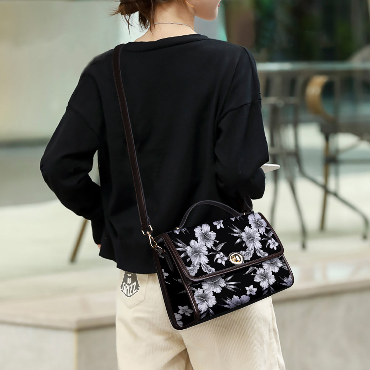 Frangipani White And Black Print Pattern Women's Satchel Bag - Image 3