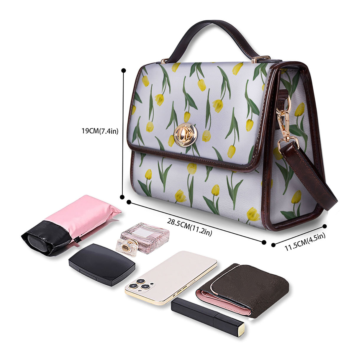 Flower Yellow Tulip White Print Pattern Women's Satchel Bag - Image 4