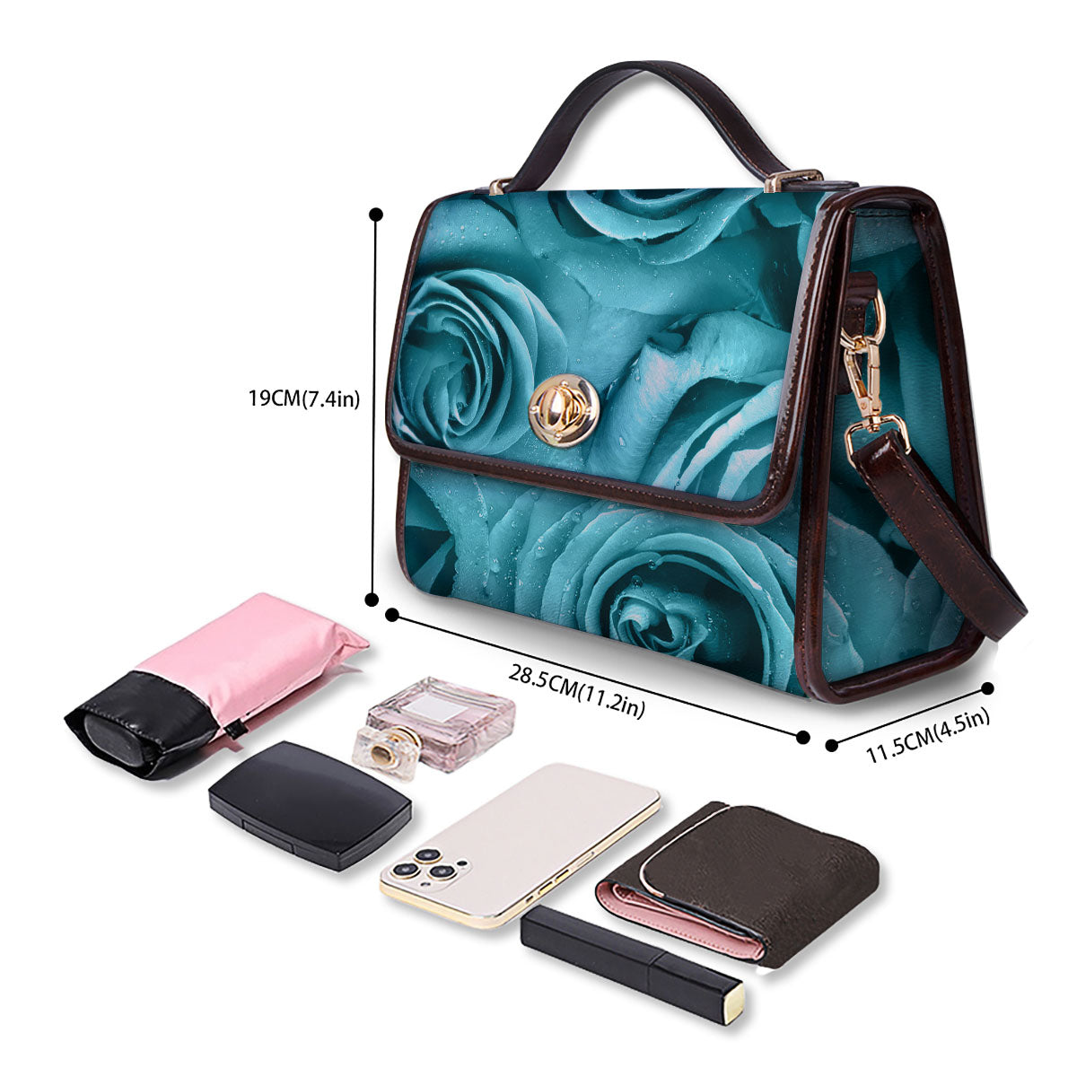 Flower Turquoise Rose Print Women's Satchel Bag - Image 4