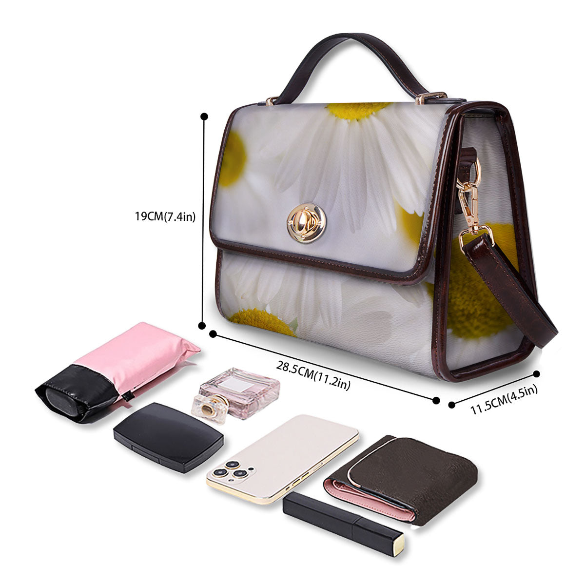 Flower White Daisy Print Women's Satchel Bag - Image 4