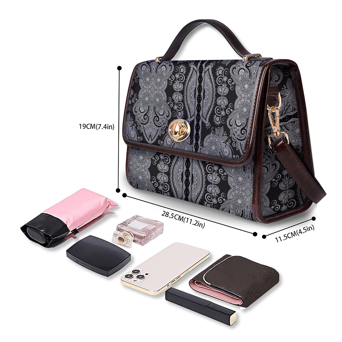 Floral Western Grey And White Print Pattern Women's Satchel Bag - Image 4