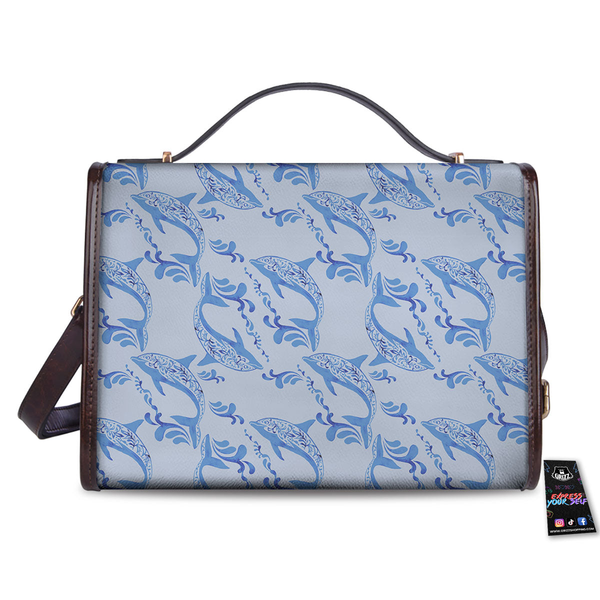 Dolphins Blue Print Pattern Women's Satchel Bag - Image 2
