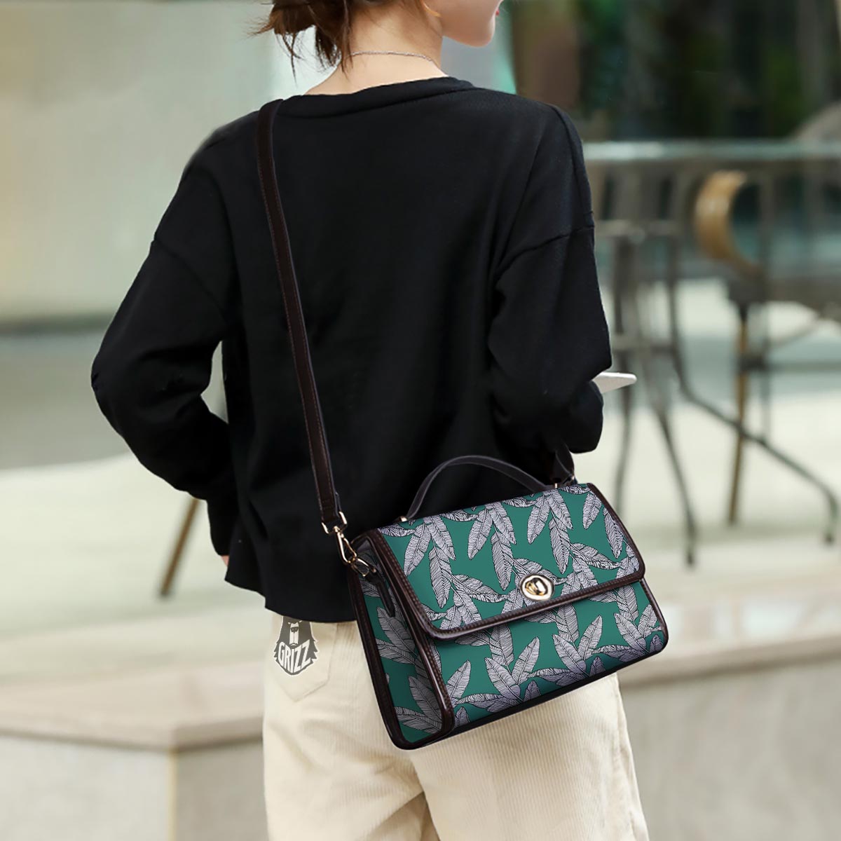 Banana Leaves Teal Print Pattern Women's Satchel Bag - Image 3
